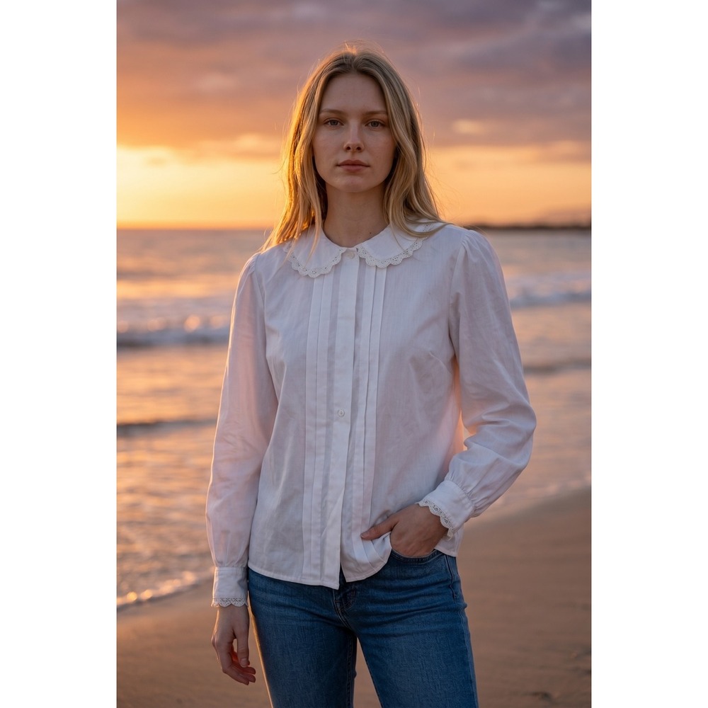 Vintage White Lace Peter Pan Collar Pintuck Pleated Button Down Blouse Top 12